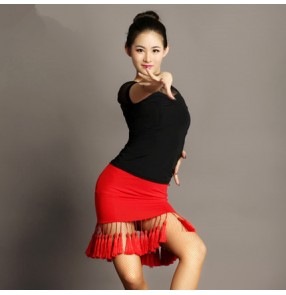 Black and red patchwork split set fringes sexy see through top women's ladies competition stage performance latin salsa cha cha dance dresses sets